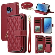 Dswteny Argyle Wallet Case for Samsung Galaxy S9 with Wrist Strap Shoulder Strap, Zipper PU Leather Flip Credit Card Holder Stand Accessories Cell Phone Cover for S 9 Edge 9S GS9 Women Girls Red