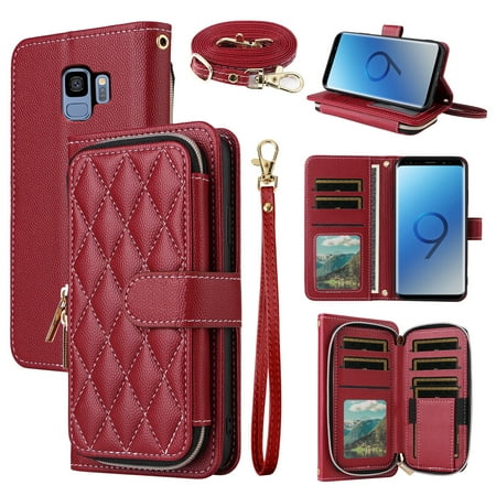 Dswteny Argyle Wallet Case for Samsung Galaxy S9 with Wrist Strap Shoulder Strap, Zipper PU Leather Flip Credit Card Holder Stand Accessories Cell Phone Cover for S 9 Edge 9S GS9 Women Girls Red