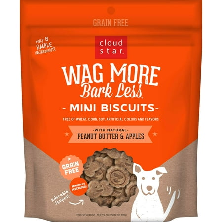 Cloud Star WagEGSC More Bark Less Grain Free Mini Biscuits  Bite Sized Crunchy Dog Treats  7oz Bag  Peanut Butter & Apples  7 oz.