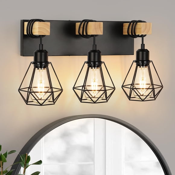 Luz de Tocador de Estilo Rústico de 3 Luces, Lámpara Industrial de Madera para Baño Sobre Espejo, Pantalla Metálica para Baño, Pasillo, Sala de Estar