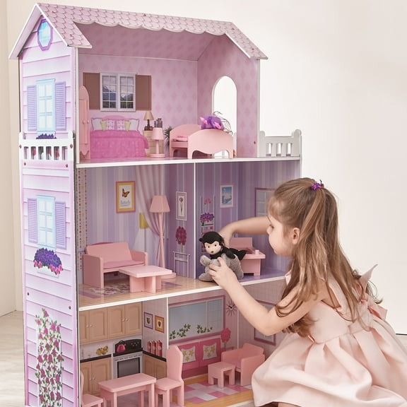 Olivia's Little World- 12" Pink Dreamland Tiffany Dollhouse with Matching Pink Accessories, Mixture of MDF, Solid Wood (Eco - Friendly)
