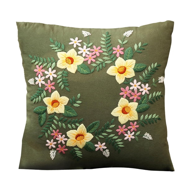 Kit de fundas de almohada bordadas DIY, decoración para el hogar, tela con estampado floral, cruz hecha a mano verde1