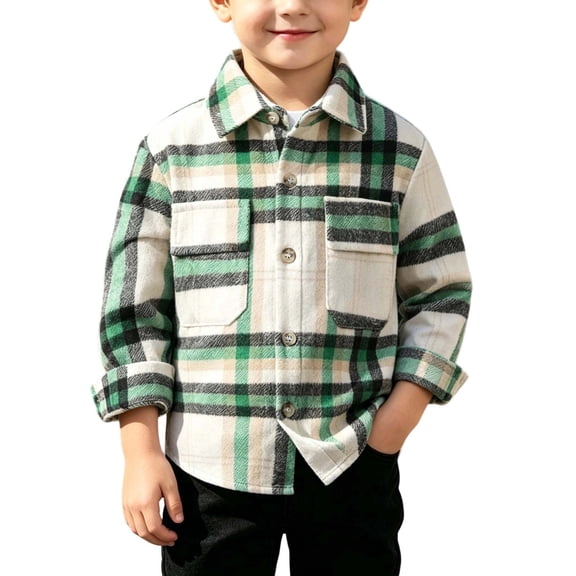 ZACPNCV Kids Plaid Jacket Vintage Faux Wool Blend Short Coat Soft Casual Long Sleeve Button Front Shirt Jacket Warm Winter Outerwear with Pocket C-Green