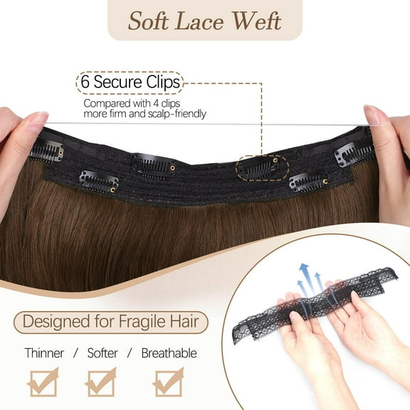 FGERFE-Invisible Wire Hair Extensions 20 Inch Layered Long Wavy Hair Extension with Transparent Wire Adjustable Size 6 Clips Thick Synthetic Hairpieces for Women (Medium Brown)