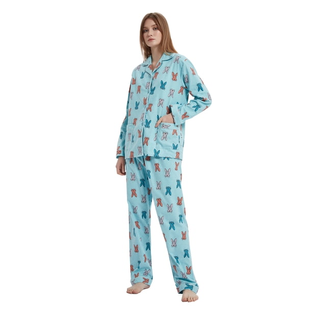 GLOBAL Conjunto de Pijama de Franela para Mujer, Pijama 100% Algodón para Mujer, Ropa de Estar por Casa, Manga Larga, Botón, Cordón en la Cintura, Ropa de Dormir Cálida, Conejo Verde XS