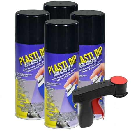 Plasti Dip Glossy, 11 oz Aerosol, Black, Pack of 4 cans with Bonus Cangun Tool - Combines Both Color Coat and Gloss
