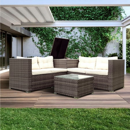 4-Piece Patio Furniture Sets on Sale SEGAMRT Wicker Patio Conversation Furniture Set w/ Seat Cushions & Tempered Glass Dining Table Wicker Sofa Sets for Porch Poolside Backyard Garden S9158