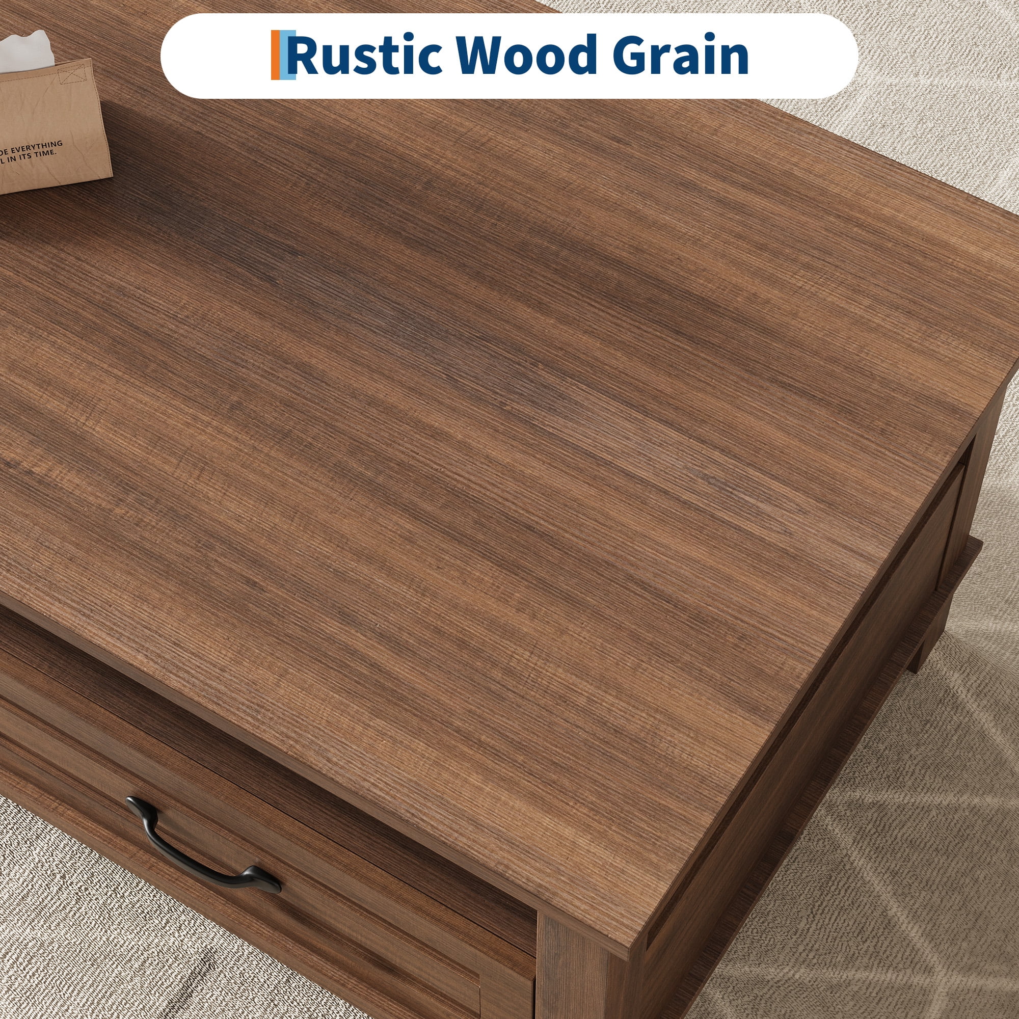 Farmhouse Coffee Table with Storage, Wood Coffee Table for Living Room, Open Display Area and Storage Drawers with Handles, Chic Style for Office, Parlor, Reading Room