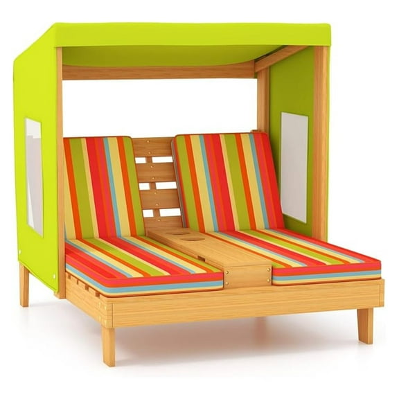 Kids Chaise Lounge Chair Outdoor, Toddler Wood Double Pool Lounger Chairs w/Canopy, Cup Holders, Removable Stripped Fabric Cushions, 2-Person Kids Patio Furniture for Backyard (Light Green)