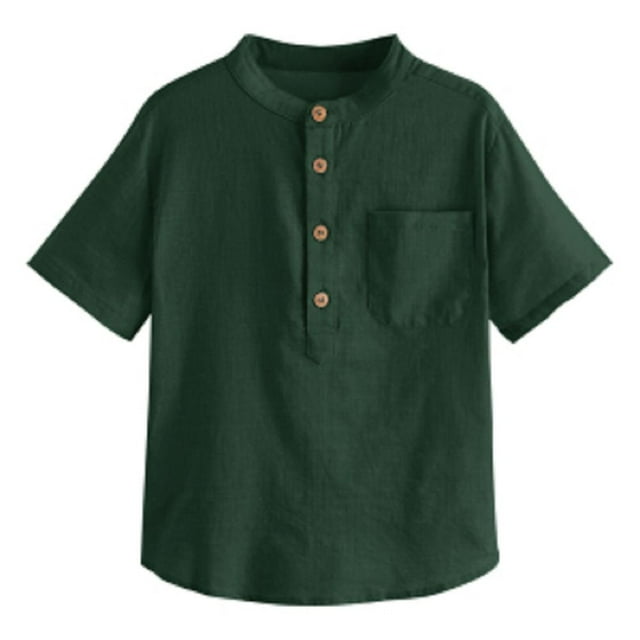 CHOK Hauts Henley à Boutons pour Garçons à Manches Courtes en Lin et Coton avec Poche