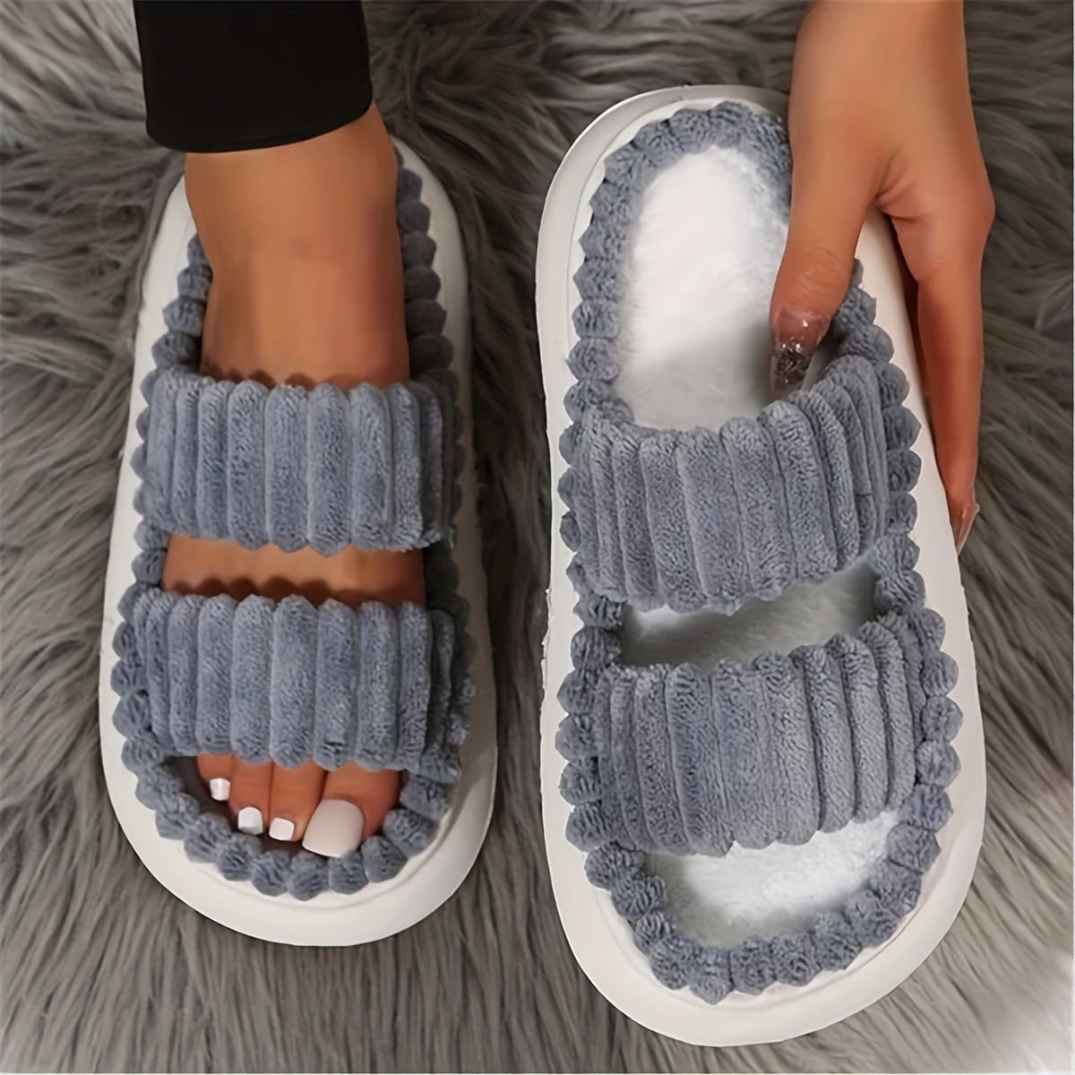 Women's Double Straps Plush Slippers, Solid Color Open Toe Non
