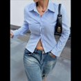 thumbnail image 4 of Camisa Corta A Rayas con Botones y Larga Ajustada para Mujer, Blusa de Trabajo Azul S, 4 of 10