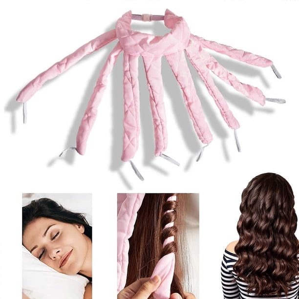 Rizadores de pelo sin calor con cinta de satén, diadema rizadora sin calor para rizos nocturnos y ondas largas, color rosa.
