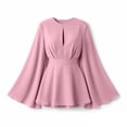thumbnail image 5 of Karymi Solid Satin Romper Dress, Crew Neck Front Keyhole Cutout Bell Long Sleeve A-Line Mini Dress with Adjustable Self Tie Waist Layered Hem Dresses for Women, 5 of 9