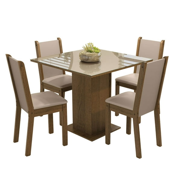 Juego de Comedor Tifani Madesa Mesa con Tablero de Vidrio 4 Sillas Marrón/Crema/Beige