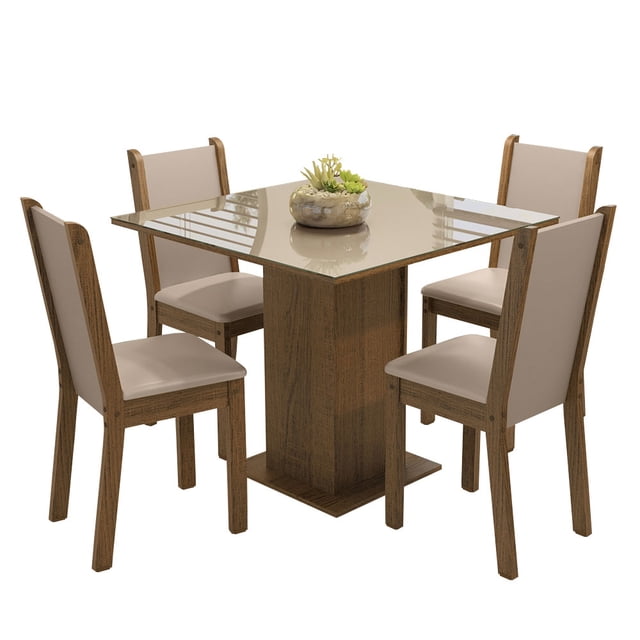 Juego de Comedor Tifani Madesa Mesa con Tablero de Vidrio 4 Sillas Marrón/Crema/Beige