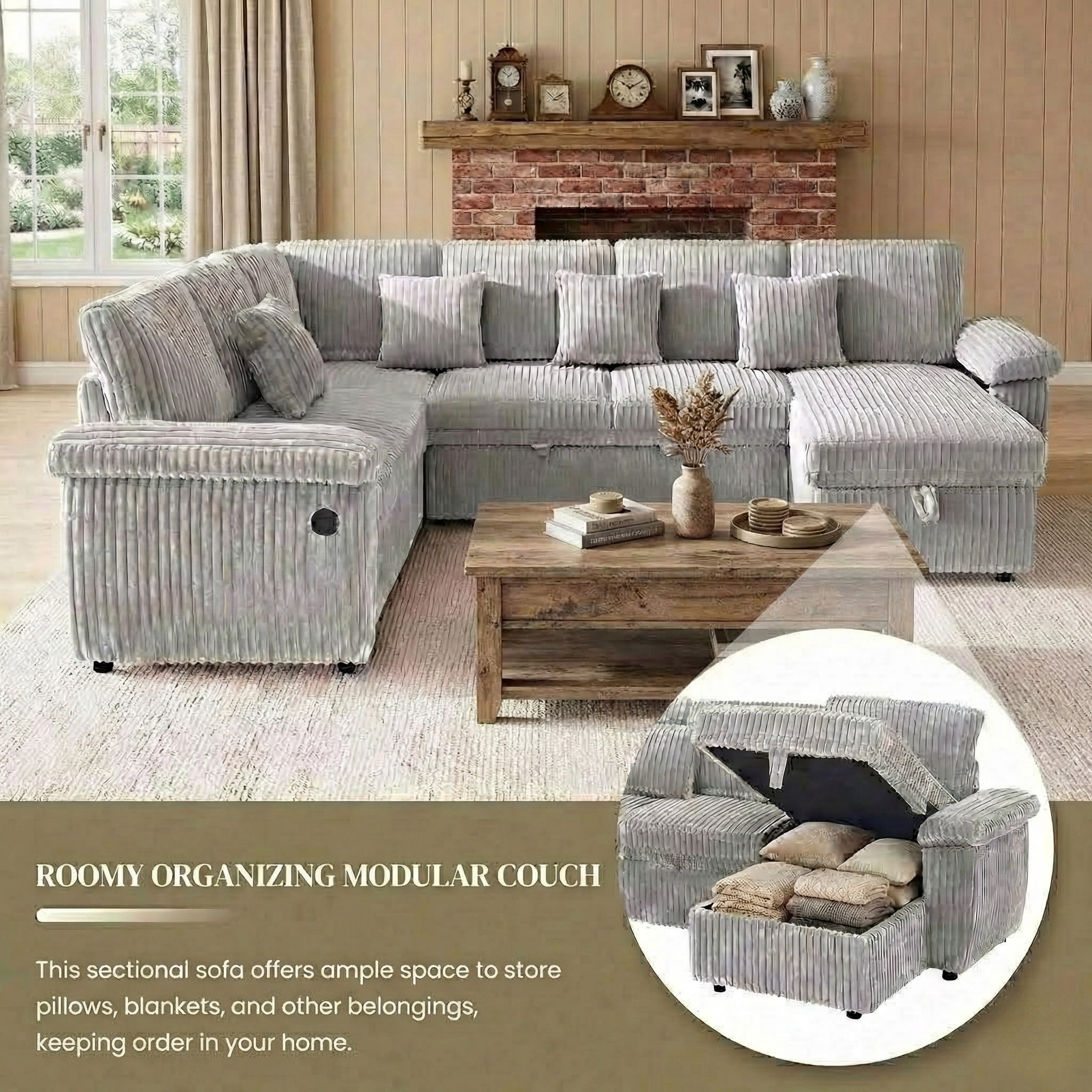 Howcool Modular Sectional Sleeper Sofa with Pull-Out Bed, U-Shaped Convertible 7-Seat Cloud Couch with Storage Chaise & USB Charging, Plush Corduroy Sectional for Living Room,Grey