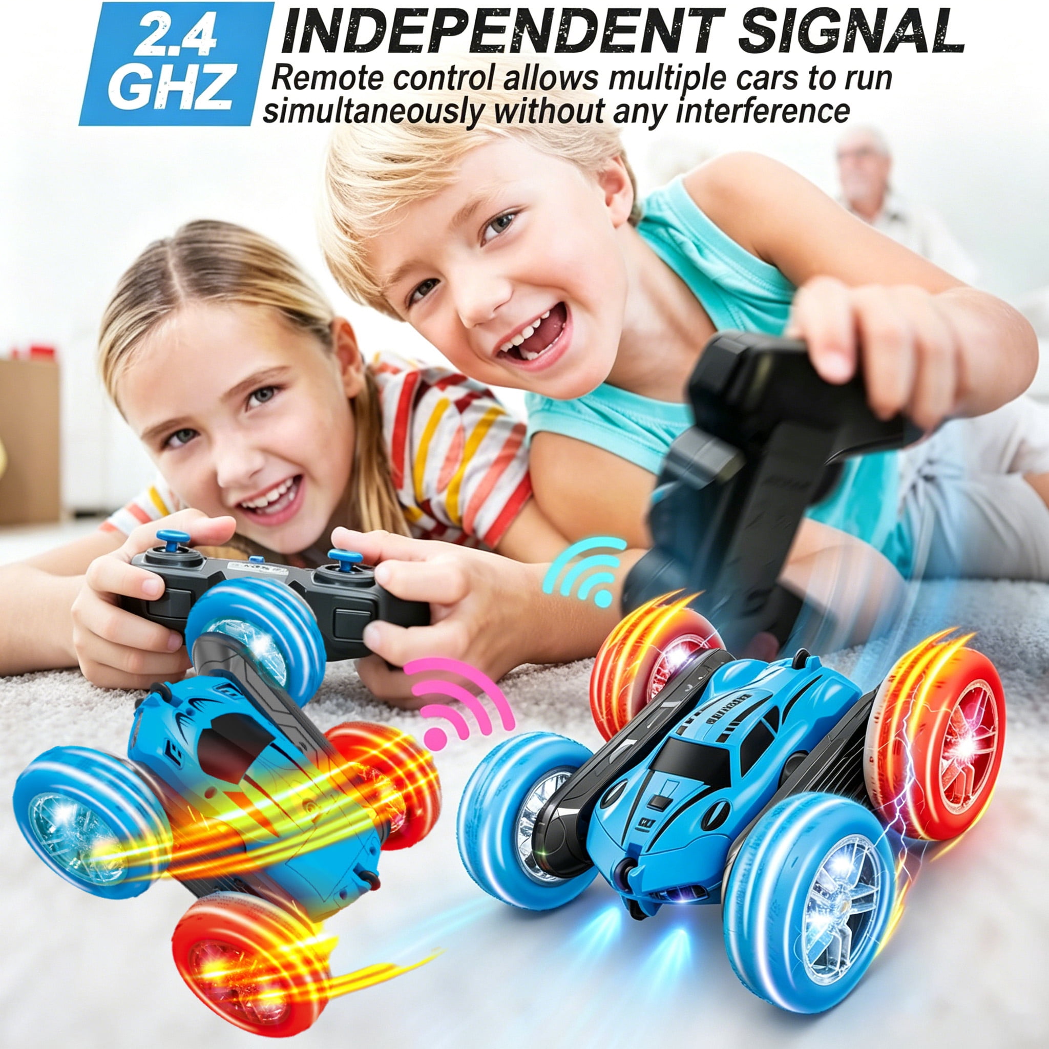 HNH Remote Control Stunt Car, 4WD 360° Flip Double‑Sided RC Cars Toys for Kids Ages 4-12, 2 Batteries, Blue