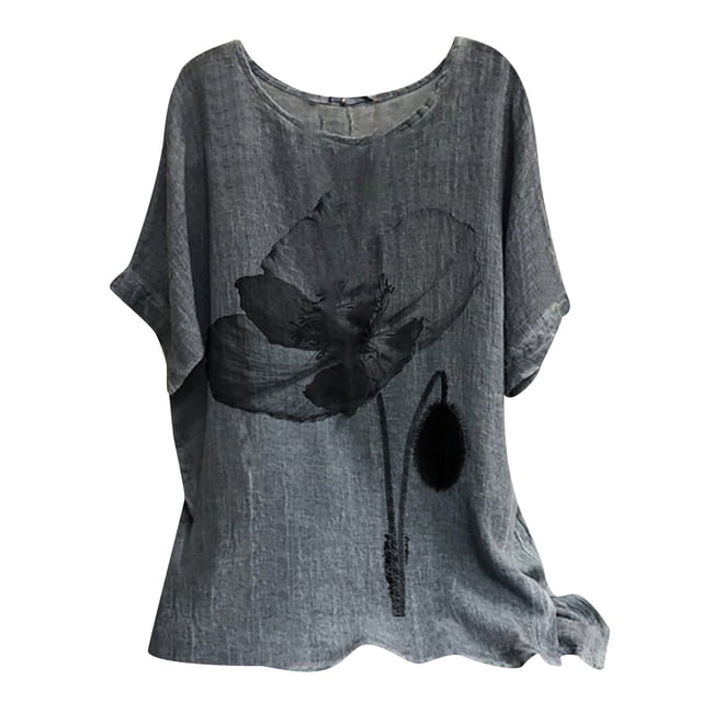 HKEJIAOI Noir Blouses for Women Robe Décontractée Mode Femmes Summer Col Rond Manches Courtes Imprimé Casual T-shirt Blouse Manches Courtes Blouses for Women -XL