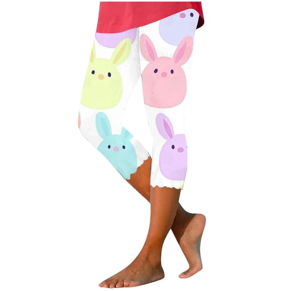 qelini Easter Leggings for Women Plus Size Bunny Cropped Pants Elastic Waist Print Ankle Pants Yoga Pants