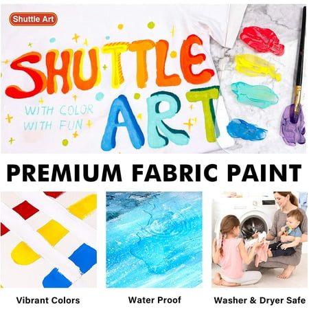 Fabric Paint, Shuttle Art 18 Colors Permanent Soft Fabric Paint in Bottles (60ml/2oz) with Brushes, Palette, Stencils, Textile Paint for T-shirts, Shoes, Jeans, Bags, Art Crafts
