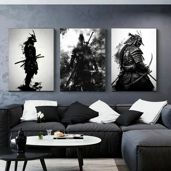 3pcs Unframed Artistic Canvas Poster, Japanese Samurai With Sword & Dagger Painting, Modular Picture Prints Canvas Wall Art Set, Artwork Wall Painting For Gift, Bedroom, Living Room, Wall Decor, Hom