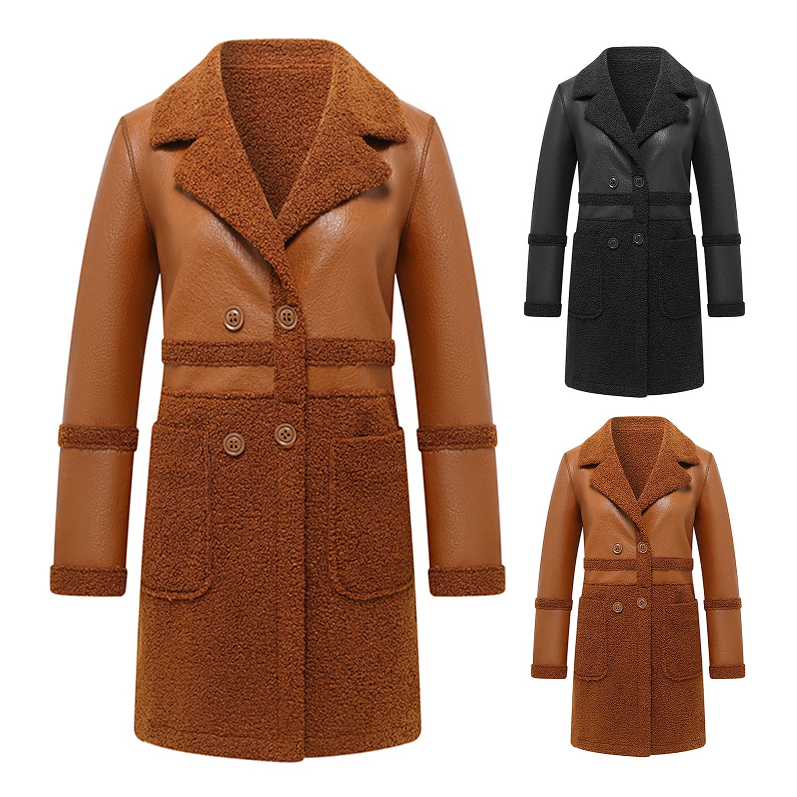 Autumn Winter Women Jacket Thickened Plush Faux Leather Patchwork Mid Length Plus Size Patch Pockets Double-breasted Turn-down Collar Overcoat