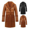 thumbnail image 2 of Autumn Winter Women Jacket Thickened Plush Faux Leather Patchwork Mid Length Plus Size Patch Pockets Double-breasted Turn-down Collar Overcoat, 2 of 7