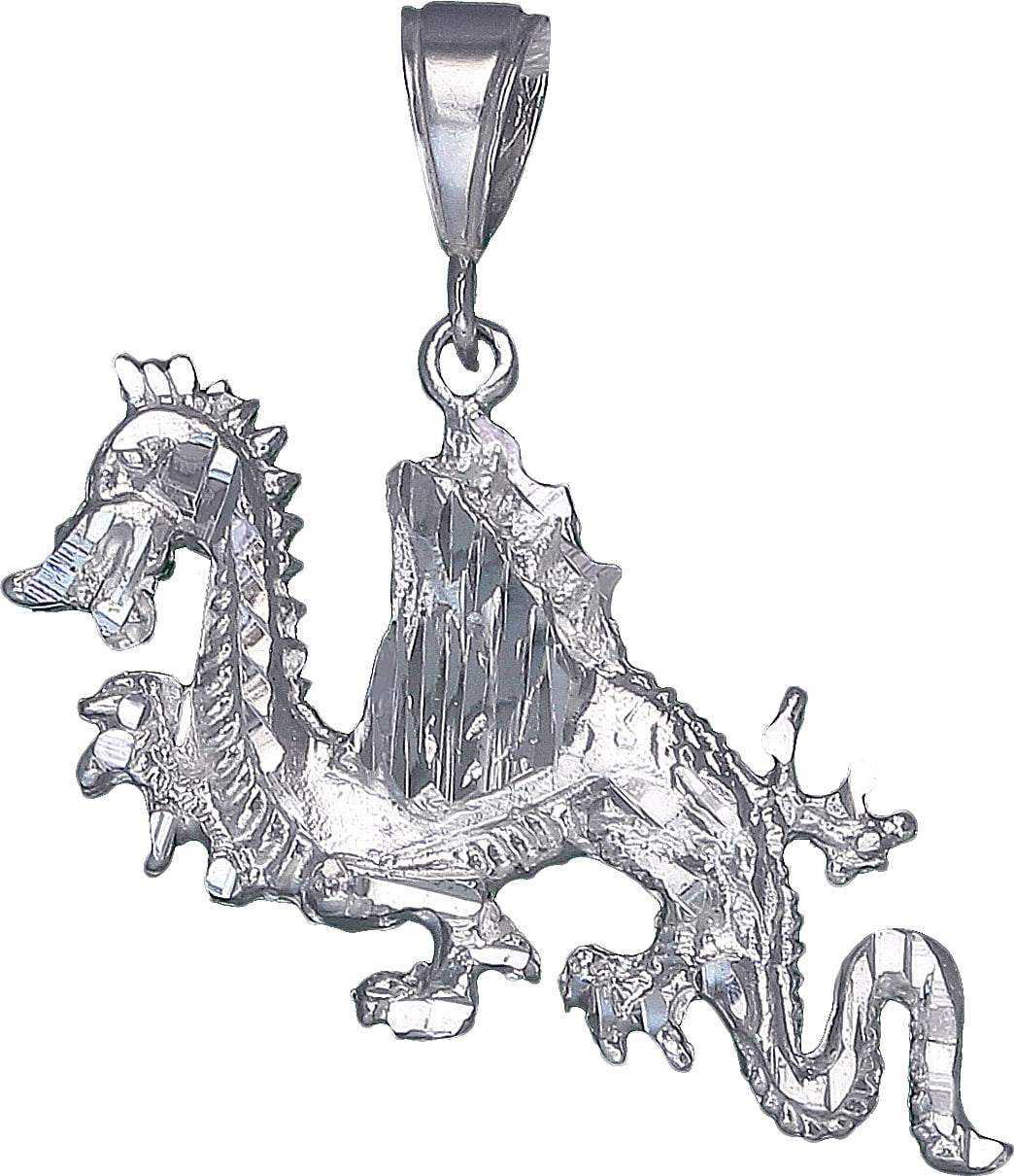 Sterling Silver Dragon Charm Pendant Necklace with Diamond Cut Finish