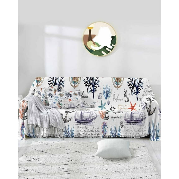Nautical Light House Sofa Covers for 3 Cushion Couch,Washable Sectional & L Shape Couch Covers for Dog/Cat/Kid,Coastal Ocean Beach Seahorse Seashell Non Slip Sofa Slipcover Futon Cover 71x150