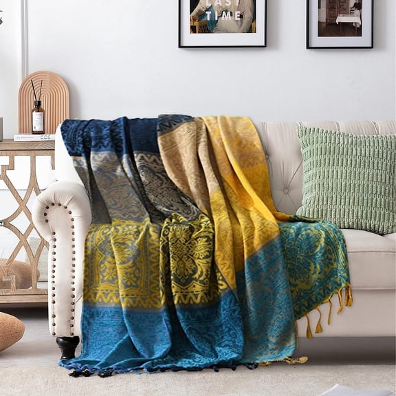 Boho Throw Blanket Couch Woven - Softest Chenille Colorful Jacquard Blanket,Hippie Decor Bed Throws for Couch Cover Sofa Chair,60X75,Blue Navy