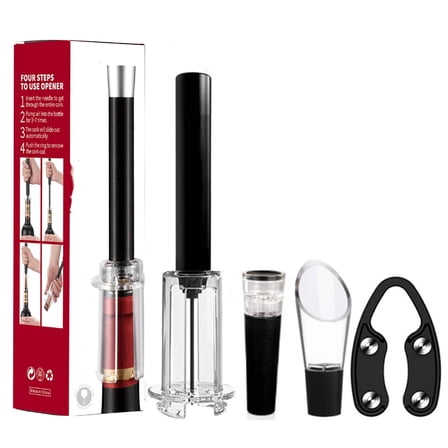 4 in 1 Wine Opening Set,Air Pressure Pump Wine Bottle Opener,Easy Cork Remover Corkscrew,Corkscrew Wine Opener Wine Opener Aluminum Alloy Handle(black)