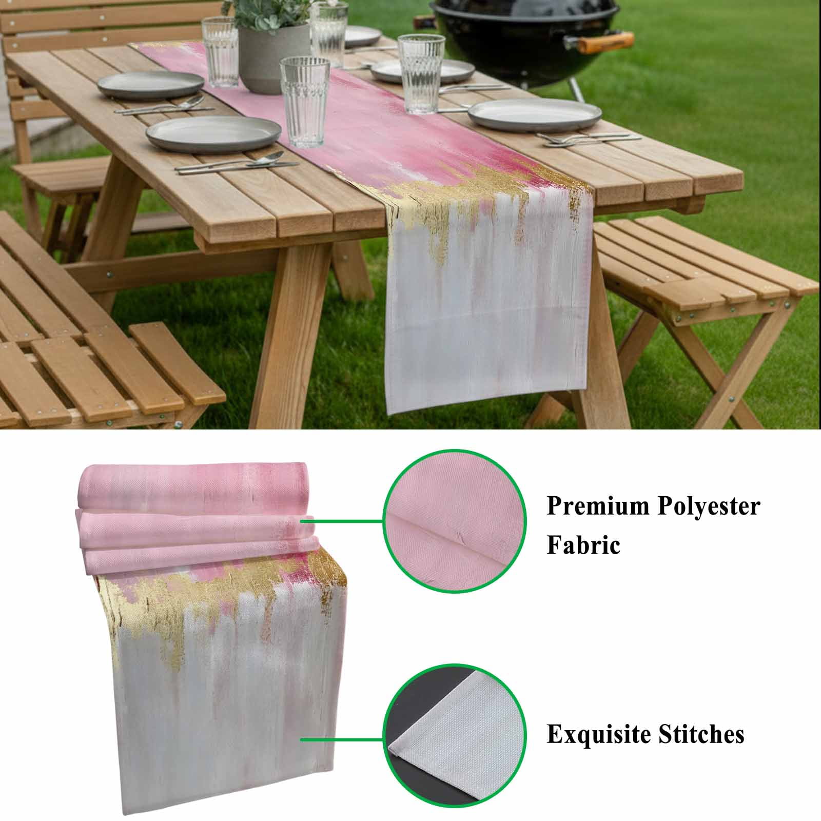 Abstract Street Art Table Runner 13x120 inch Pink Gold Watercolor Decoration Cotton Linen Dining Table Runner Ideal for Dresser Kitchen Coffee Tables - Machine Washable