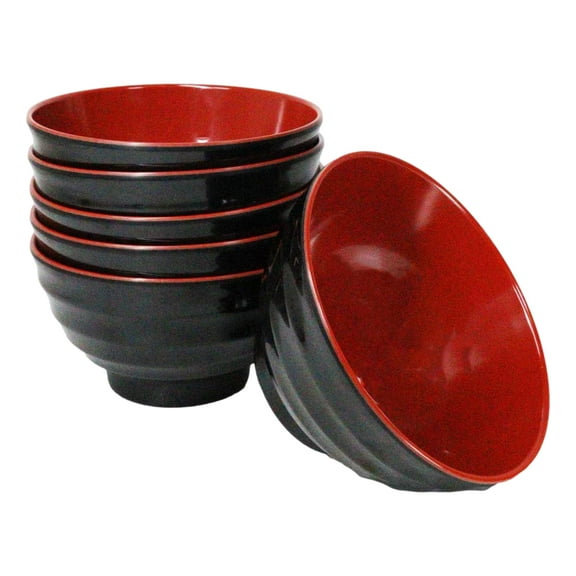 Set Of 6 Red And Black Round Ridged Body Soup Salad Rice Melamine Bowls 6.5"D