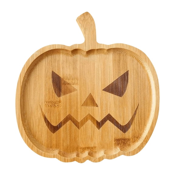 MInHoues 7.4 Inch Pumpkin Engraved Wooden Charcuterie Platter, Natural Wood Snack Cheese Serving Tray, Halloween Holiday Tabletop Fruit Appetizer Plate for Family Party Decor