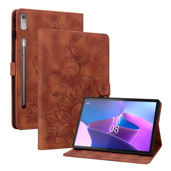 XYX for Lenovo Tab P11 Pro Gen 2 11.2 2022 ZAB50194GB ZAB50043SE Case, PU Leather Slim Folio with Multi-Angle Stand, Brown Lily Flower