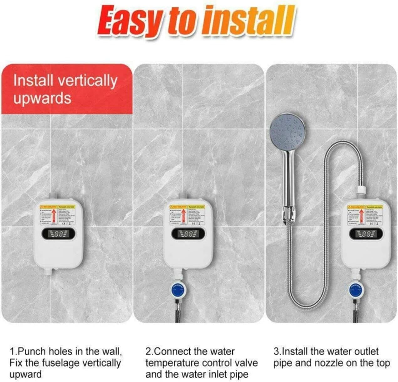 DICEEVIL Electric Tankless Water Heater with Shower Head Set, 3500W Electric Instant Hot Water Heater for Shower, LCD Display Rapid Heating Mini Water Heater for Home Bathroom, White