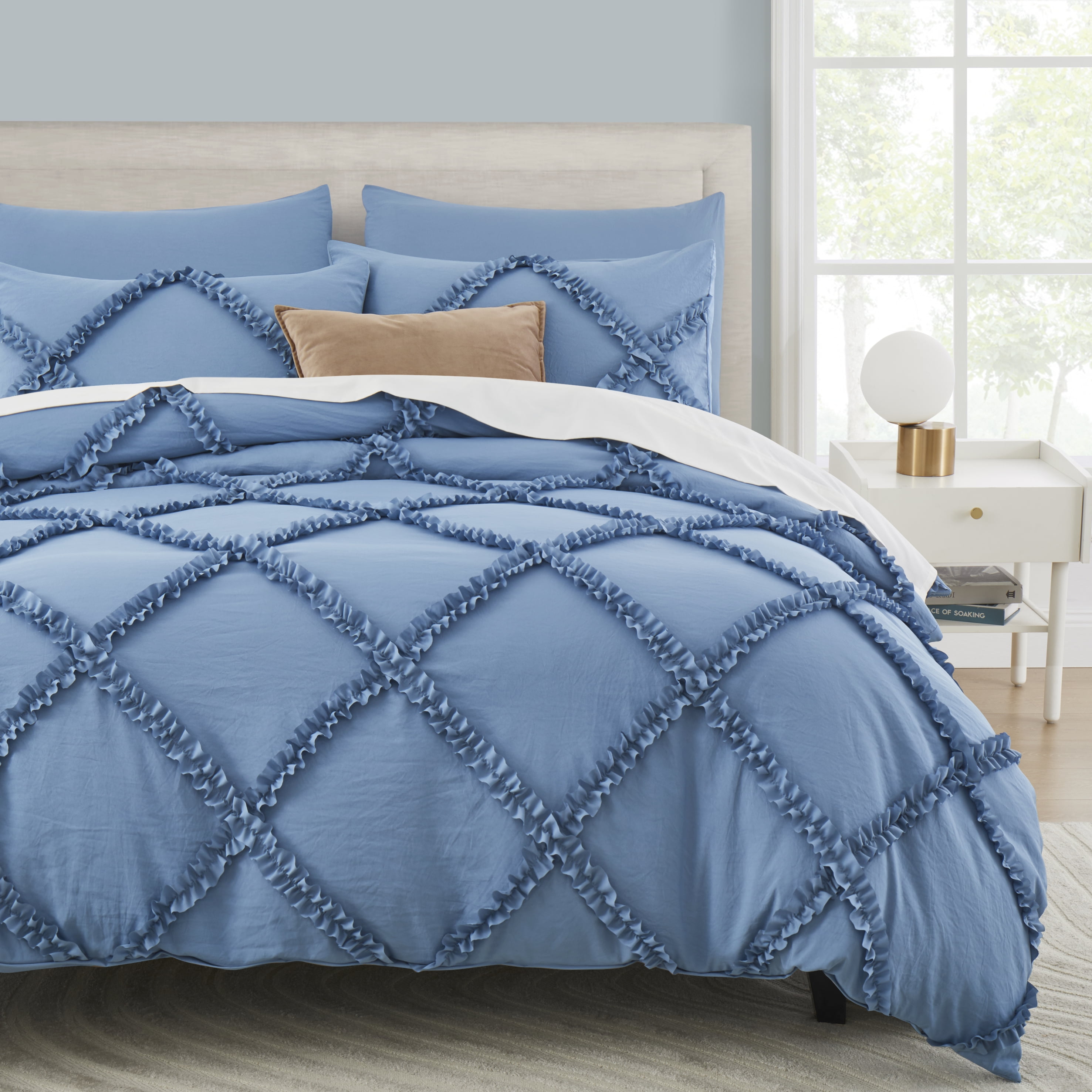 Blue Duvet Cover Queen Size Ruffle Queen Duvet Cover Set, 5 Pieces Textured Duvet Covers