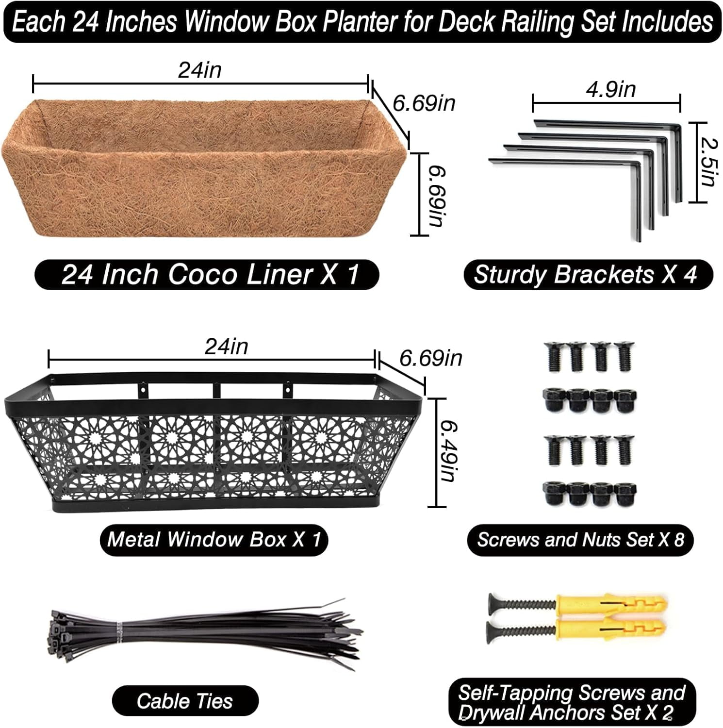 24 Inch Window Boxes Planters, 2 Pack Sturdy Metal Deck Flower Railing Planter Box with Coco Liners for Indoor Outdoor Decor, Adjustable Rail Planter for Window Fence Porch Balcony Patio Lawn