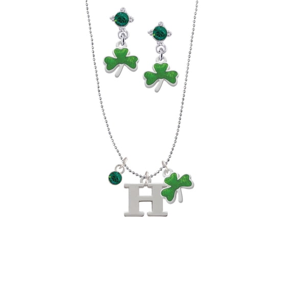 Delight Jewelry Silvertone Large Initial - H - Green Shamrock Necklace and Clover Earrings Jewelry Set