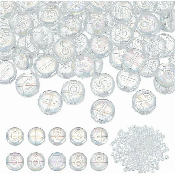 300pcs Transparent Glass Number Beads Flat Round Number Beads 10mm AB Colorful Number Beads Small Spacer Beads for Jewelry Making Bracelets Necklaces Earrings Keychains for diy