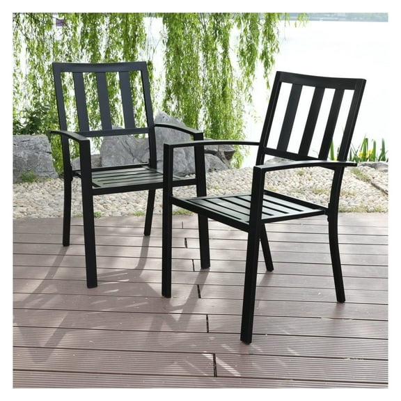 Patio Dining Chairs Set of 2, Black Metal Outdoor Chairs Supports 300 LBS, Stackable Deck Chairs for Space-Saving
