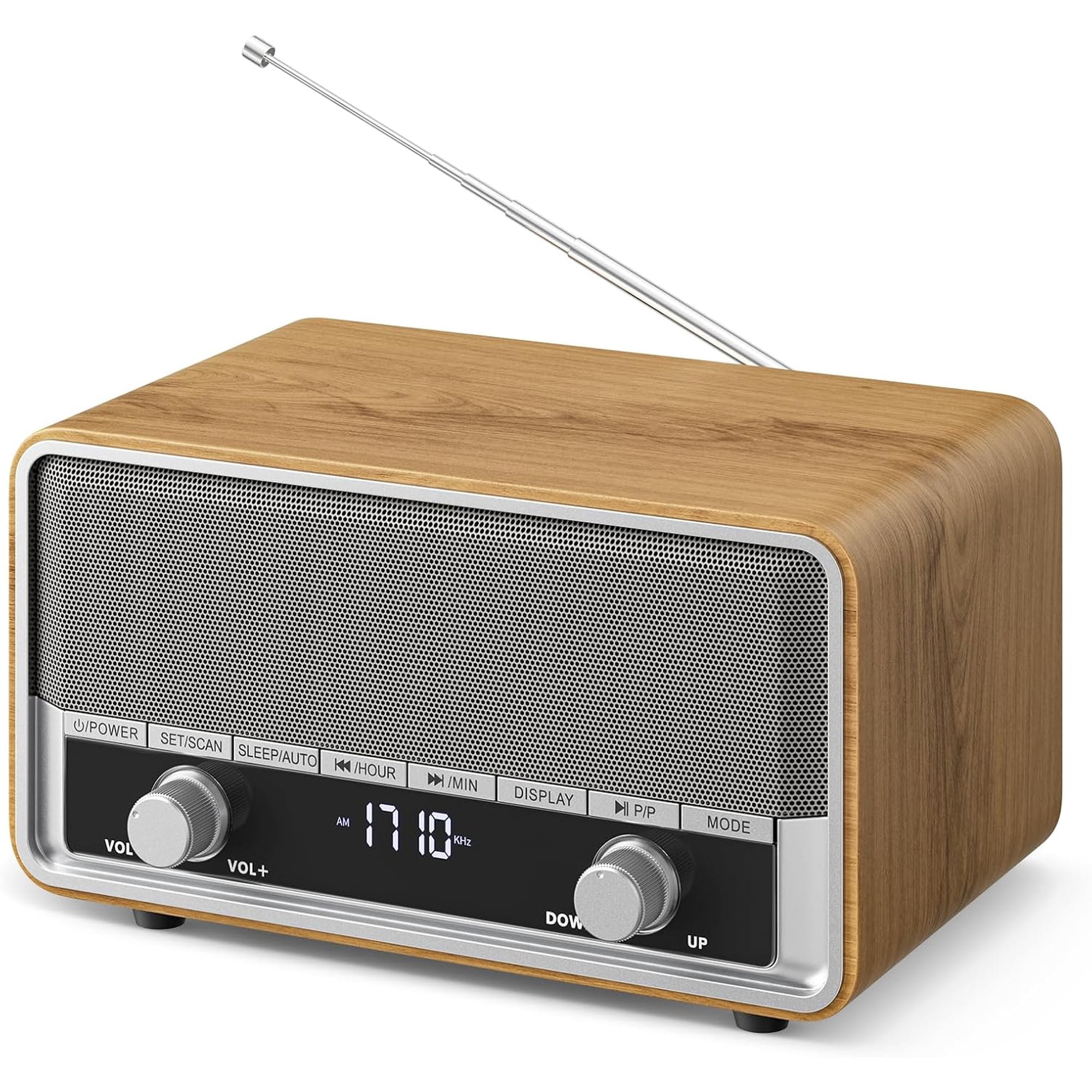 Retro AM FM Radio Plug in Wall, Digital Clock Radio for Bedroom with LCD Display| 40 Presets | Sleep Timer | No Alarm, Retro Bluetooth Speaker for Office,Great Gift Wood
