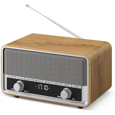 Retro AM FM Radio Plug in Wall, Digital Clock Radio for Bedroom with LCD Display| 40 Presets | Sleep Timer | No Alarm, Retro Bluetooth Speaker for Office,Great Gift Wood