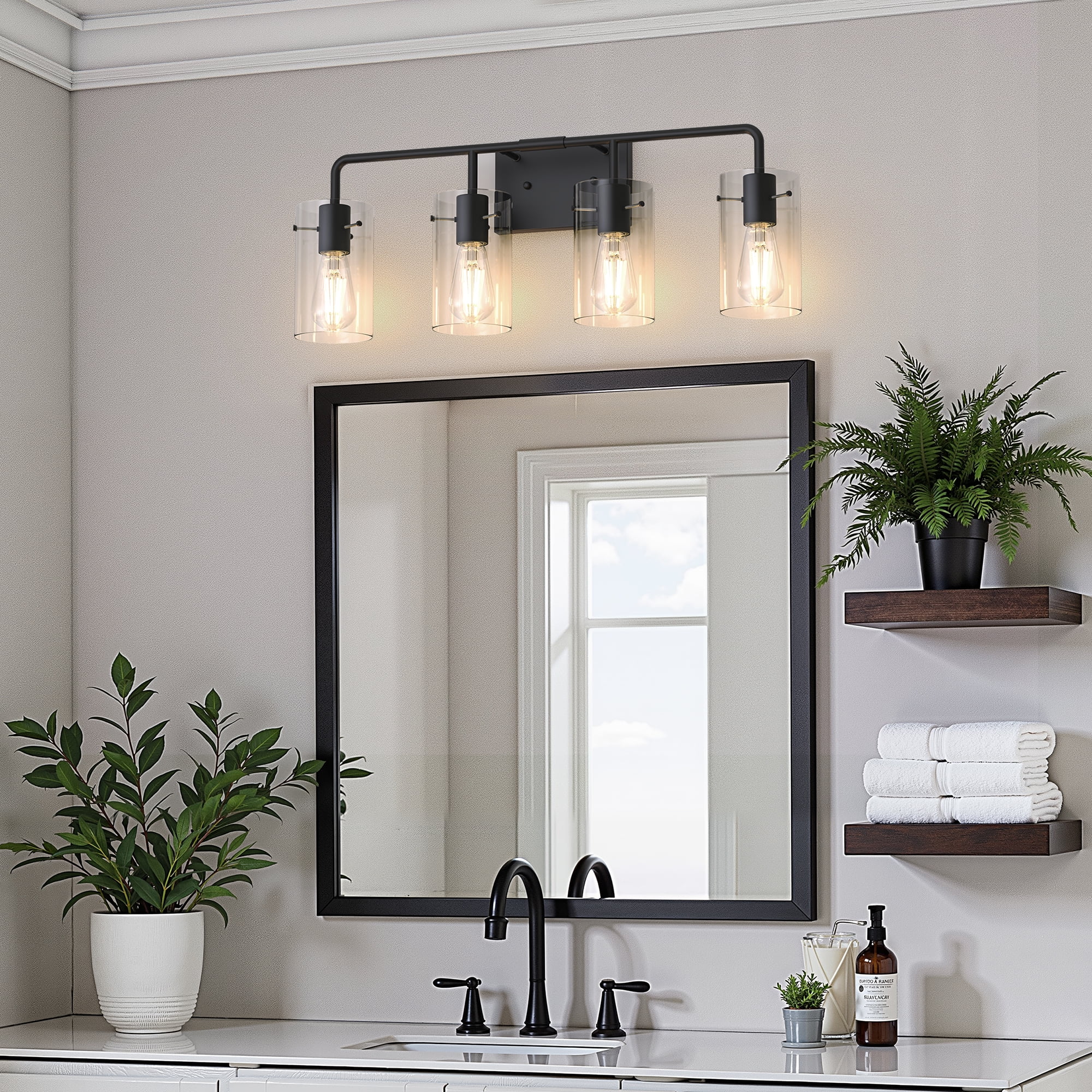 YANSUN 26.7 in 4-Light Black Metal Vanity Light with Clear Glass Shade Bathroom Fixture for Modern Farmhouse Style Spaces