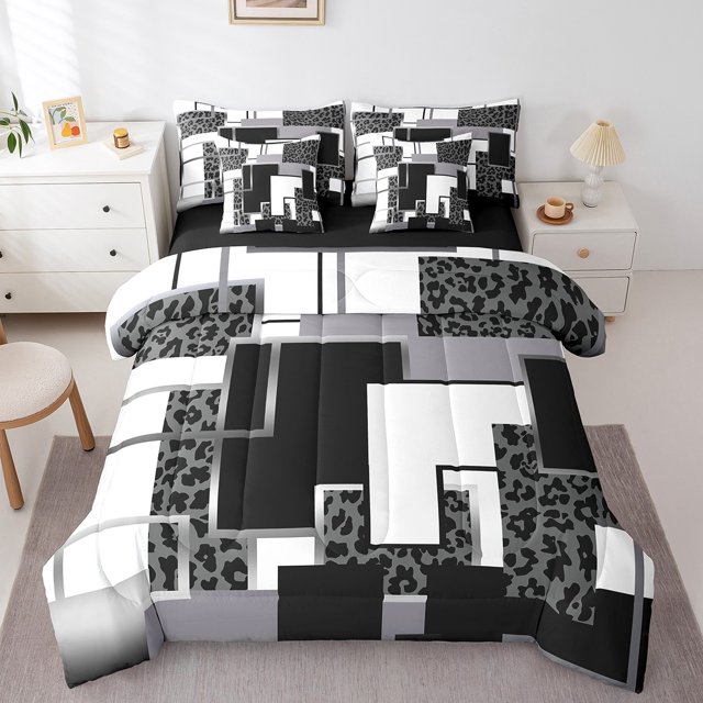 YST Grey Leopard Print Bedding Set 7 Piece Queen Black Silver Gray Abstract Geometric Bed In A Bag Grid Cheetah Comforter Set With Sheets For Adults,Wildlife Animal Check Bed Set