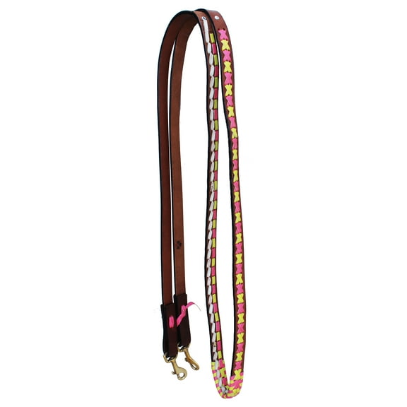 Horse Western Tan Leather 8' Lime Green Pink Laced Barrel Contest Reins 66AA02TN