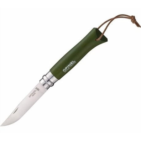 Opinel No8 Trekking Stainless Steel Locking Folding Knife With Leather Lace and Kahaki Green Dyed Hornbeam Wood 8.5 Centimeter Blade