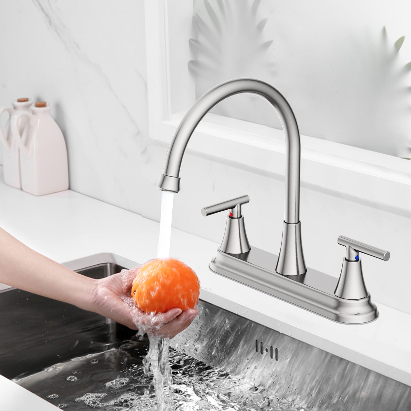 KINGTACK Two Handles Kitchen Faucet, 3 Hole or 4 Holel Faucet for Kitchen Sink, Brushed Nickel
