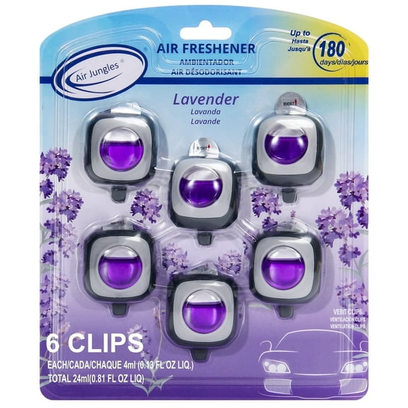 Air Jungles Car Air Freshener Clip, Lavender, 6 Pack 4ml Each Vent Clips, Long Lasting Air Freshener, Up to 180 Days Car Refresher Odor Eliminator